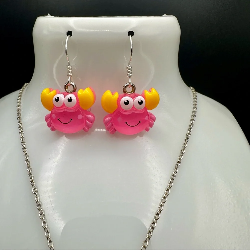 Cute Pink and Yellow Glitter Crab Necklace and Earring Jewelry Set